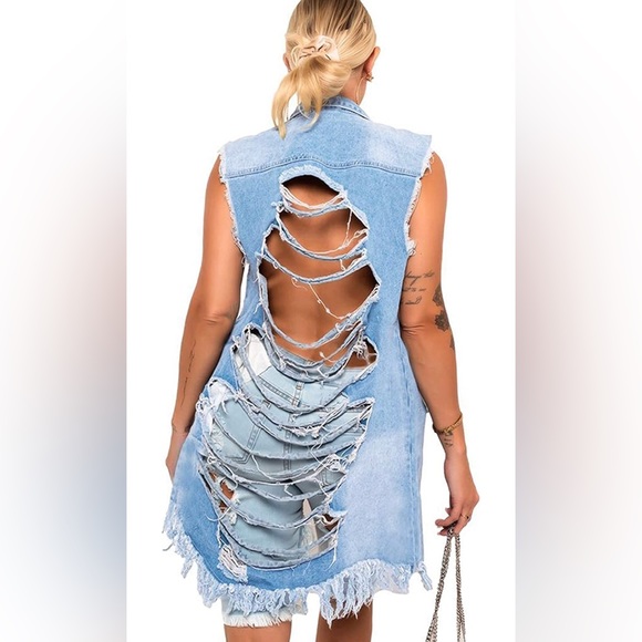 BRAND NEW WOMENS LONGLINE DISTRESSED DENIM VEST NWT - Picture 5 of 5
